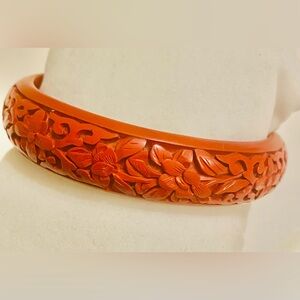 Antique Chinese Carved Flower design Cinnabar Red Bangle